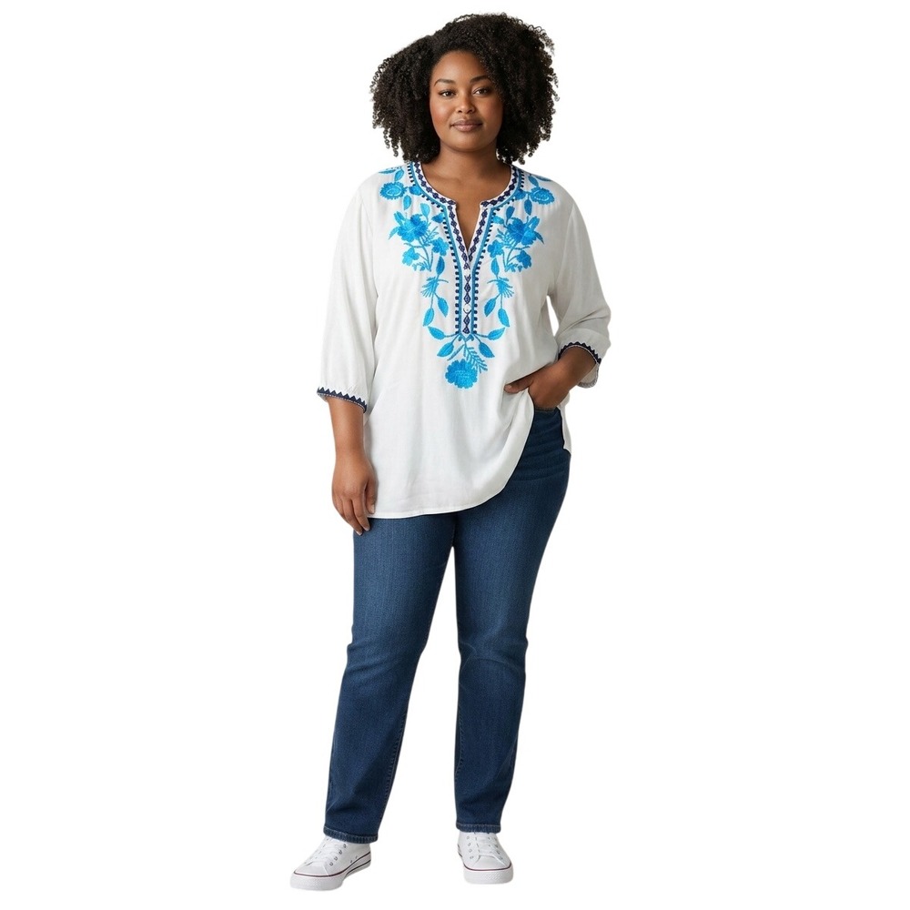 C&C‎ California Embroidered Tunic Women 2X White Floral Boho Peasant Top flaws